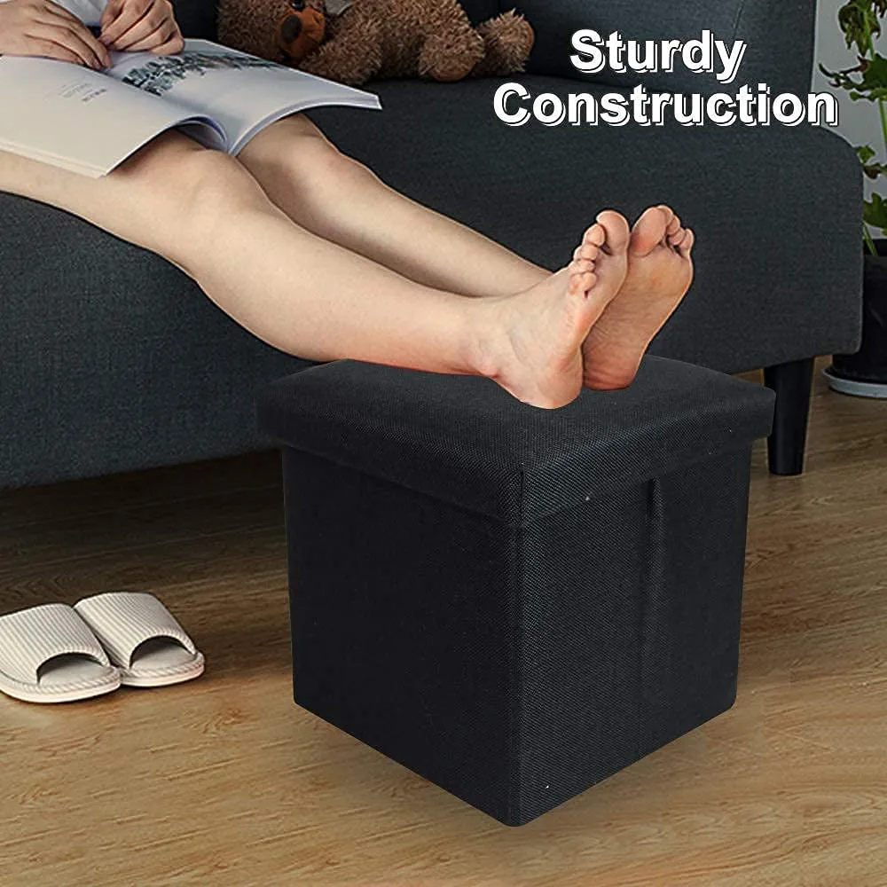 AMTRIX Linen Fabric Folding Storage Ottoman Cube Footrest Stool Coffee Table Puppy Step Multi-Functional Collapsible Ottoman Footrest Seat for Living Room Office - 30X30X30 cm (30 * 30 * 30, Black)