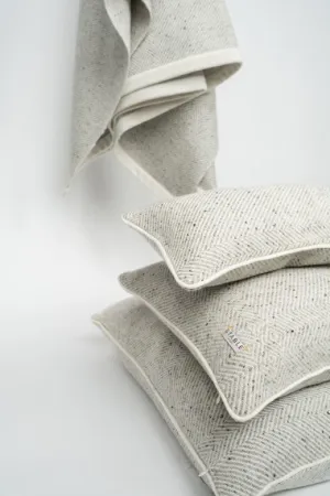 Handwoven Pressed Herringbone Tweed trimmed Blanket in Light Grey