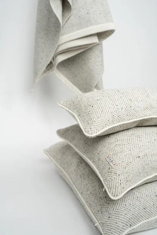 Handwoven Pressed Herringbone Tweed trimmed Blanket in Light Grey