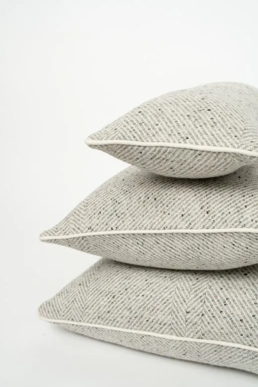 Handwoven Pressed Herringbone Tweed trimmed Blanket in Light Grey