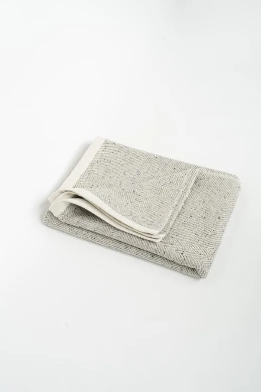 Handwoven Pressed Herringbone Tweed trimmed Blanket in Light Grey