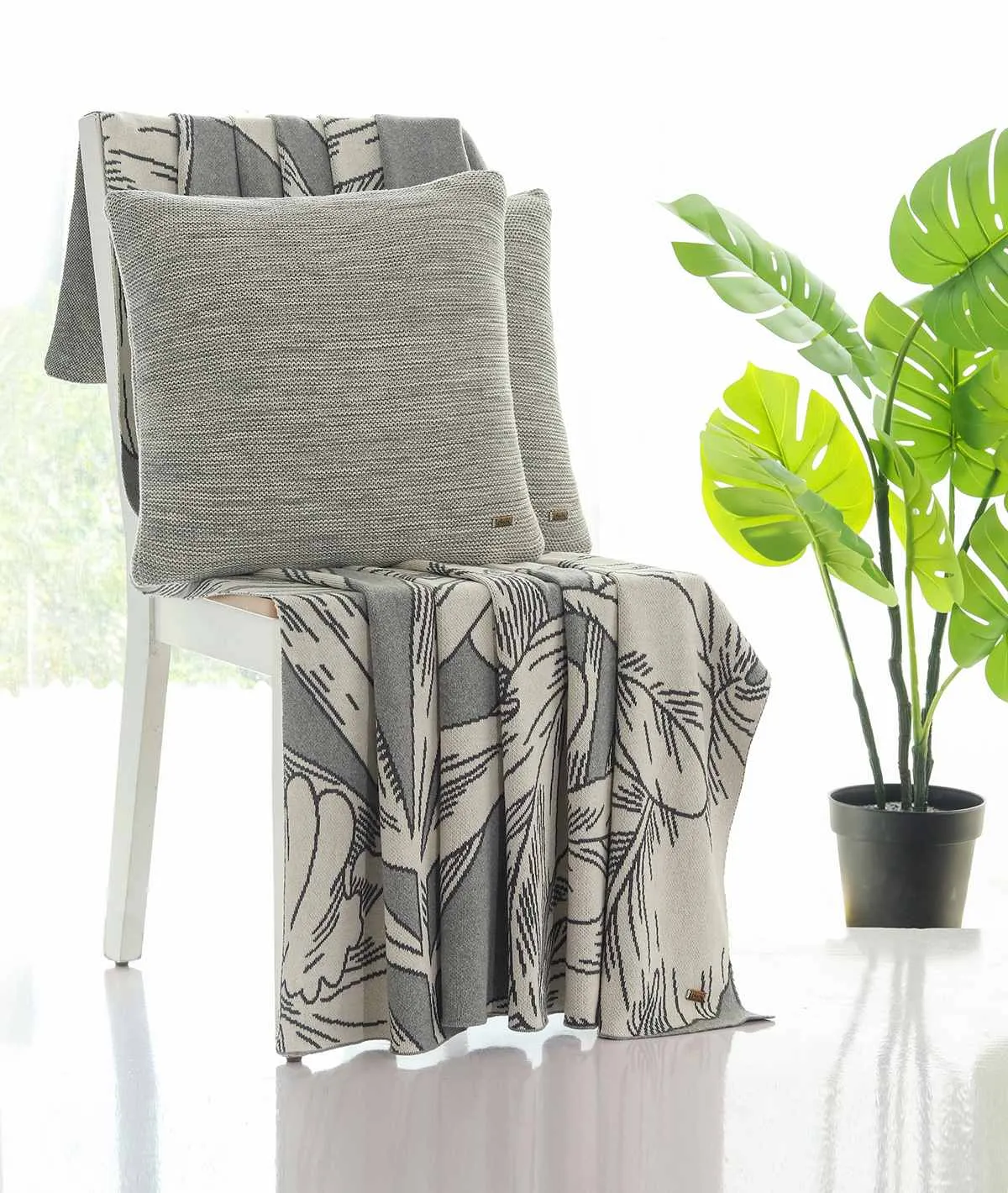 Tropical Gift Combo Knitted Throw & Cushion Cover - 2pcs in Light & Dark Grey Melange Color