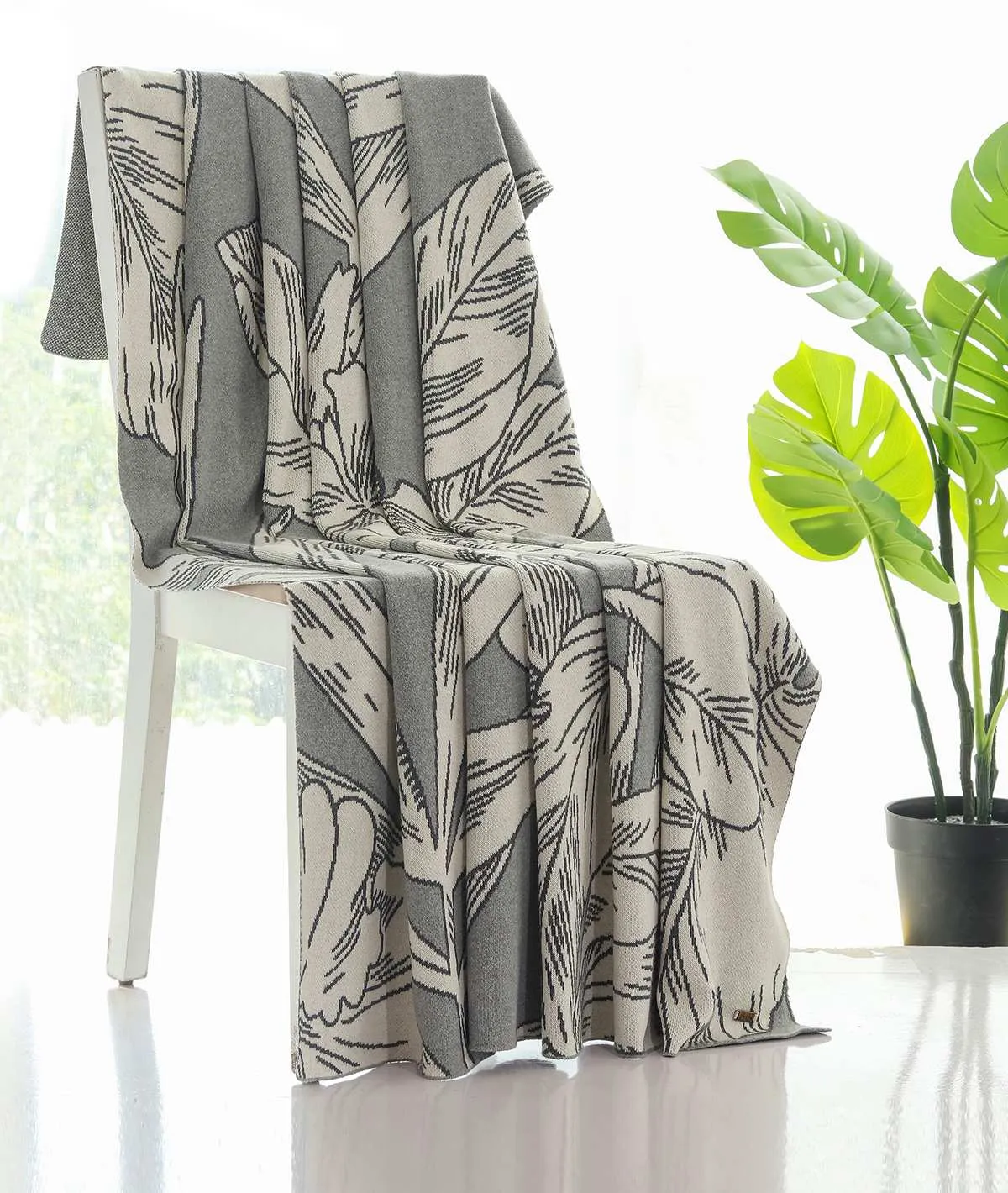 Tropical Gift Combo Knitted Throw & Cushion Cover - 2pcs in Light & Dark Grey Melange Color